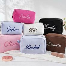 Personalized Embroidered Waffle Makeup Bag, Letter Embroidered Cosmetic Storage Bag, Bridesmaid Gift, Customized Name Toiletry Bag, Bridal Shower Gift, White Waffle Storage Bag - Multicolor - View 7