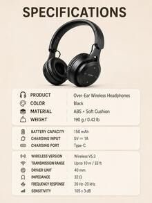 Wireless Bluetooth Headphones, Foldable Design, Lightweight On-Ear Headphones, Soft Ear Pads, Convenient Button Control, Long Battery Life, Suitable For Work, Study, Relaxation, Travel, Commute - View 12