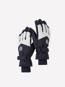 Colorblock Ski Gloves, Minimalist Sports Style, Thick Windproof And Waterproof Fabric, Decorative Round Badge, Adjustable Hook And Loop Wrist Strap, Warm, Anti-Slip And Durable, Suitable For Winter Skiing, Hiking, Snow Outdoor Cold Weather Activities - Multicolor - View 19