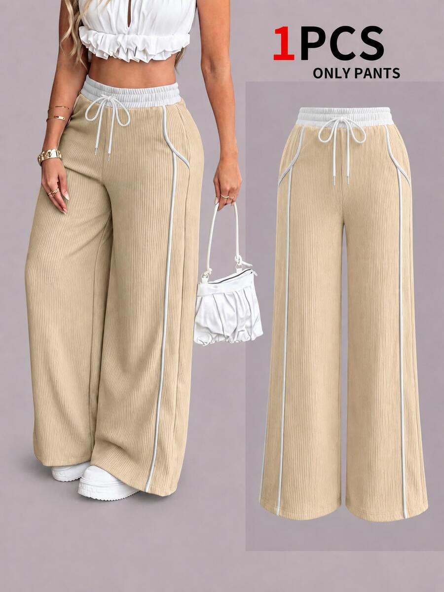 Women's High Waist Drawstring Striped Wide Leg Pants, Solid Khaki Loose Casual Long Pants, Comfortable And Soft, Suitable For Fitness And Daily Street Wear - Khaki - View 1
