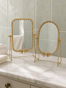 Vintage Luxury Gold Iron Desktop Vanity Mirror, Bow And Floral Frame, Rotatable Freestanding Makeup Mirror, Suitable For Bedroom, Vanity, Bathroom And Home Decor - Multicolor - View 6