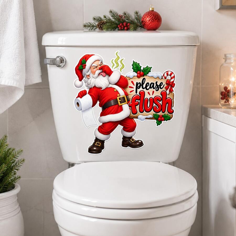 Funny Christmas Santa Toilet Tank Sticker, Humorous Santa On Toilet With Please Flush Sign Xmas Tree Gift Boxes Toilet Paper Pattern Vinyl Decal, Removable Waterproof Self‑Adhesive Holiday Decoration For Bathroom Restroom Xmas Home Party Decor - 1PC - View 1