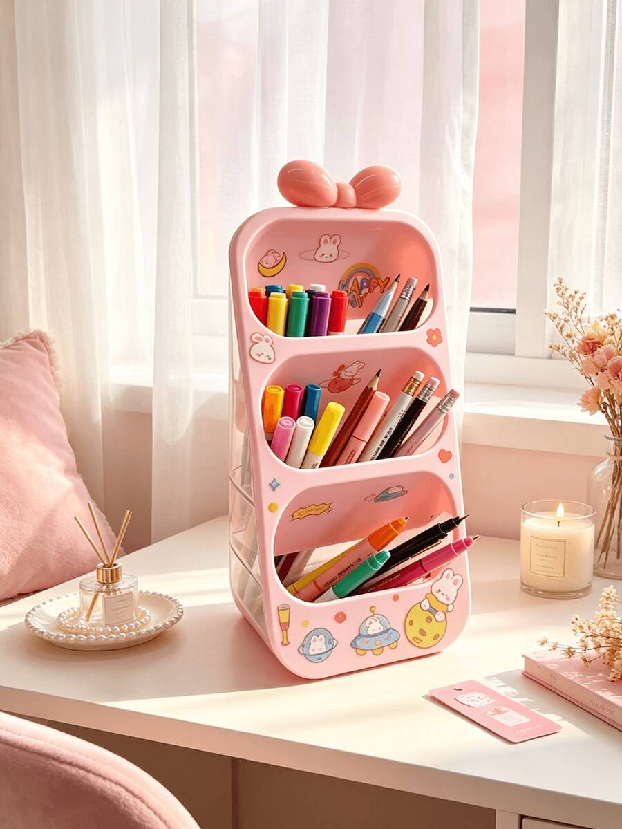1pc Extra Large Capacity Pink Slanted Pen Holder (Free Stickers & Bows), Multi-Layer Desktop Stationery Organizer, Perfect For Dorm, Home Desk Storage, Holiday Gift - Pink - View 1