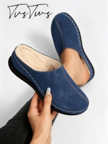 Capped Toe Thermal Slippers, Thick Plush Lining, Slip-On Warm Indoor Home Slippers, Autumn/Winter Fashion Soft Sole - Navy Blue - View 2