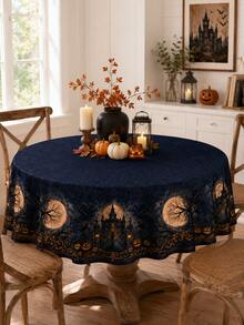 1pc Gothic Halloween Table Runner, Haunted Castle Full Moon Pumpkin Spooky Night Print, Vintage Dark Halloween Dining Table Decor For Home Party Fall Holiday - Multicolor - View 7
