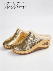 Autumn/Winter Fashion Plush Mule Slippers, Comfortable Soft Sole Indoor Home Fashion Slippers - Gold - View 4