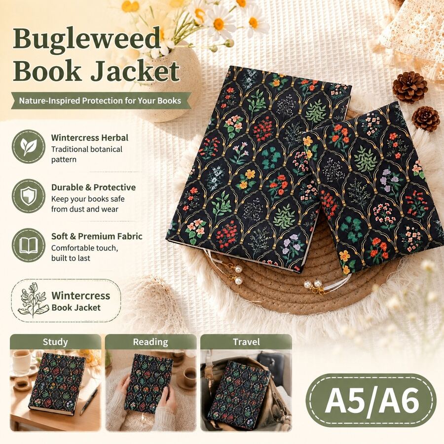 Vintage European Floral Bugleweed Pattern Book Jacket, Soft Fabric Durable Book Sleeve, Artistic Decorative Protective Jacket For Journals & Notebooks