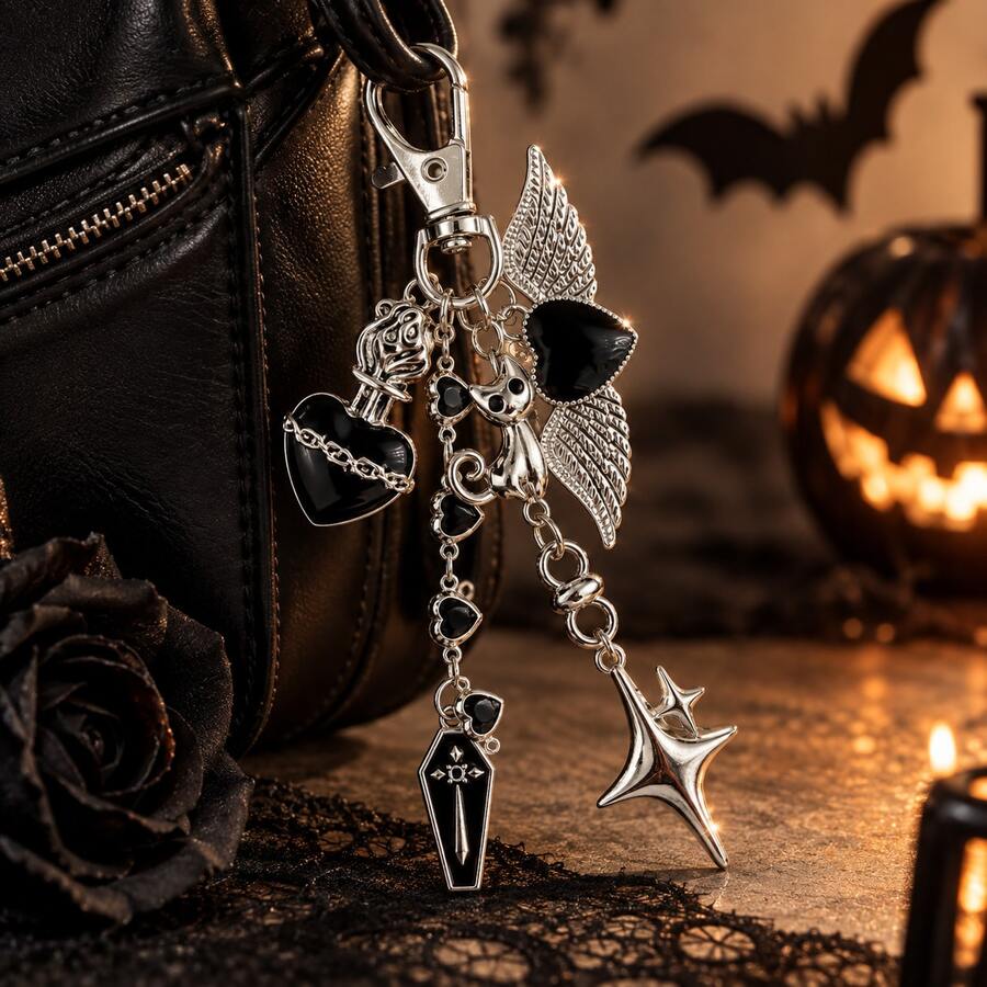 1pc Dark Gothic Style Keychain Black Cat Heart Wings Coffin Pendant Charm Halloween Niche Cool Bag Accessory - Black - View 1