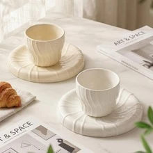 2pcs/1pc Cream White Wavy Embossed Ceramic Coffee Cup And Saucer Set, Minimalist French Style Ceramic Tea Cup Latte Cup, Home Tableware Gift - Multicolor - View 1