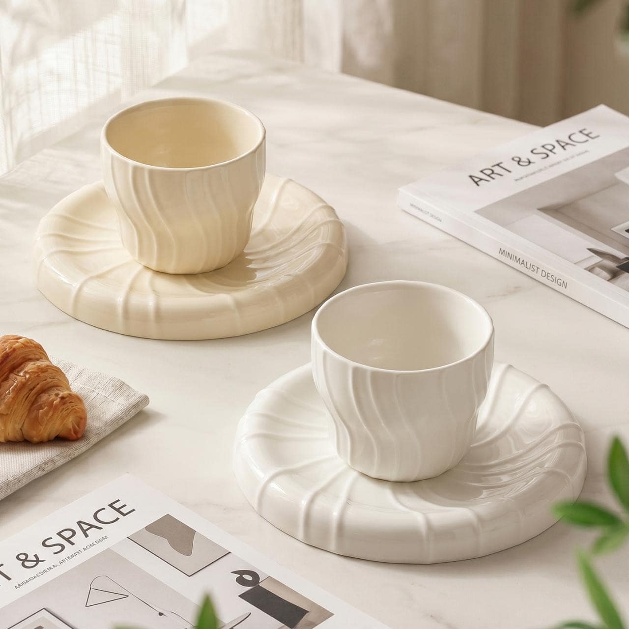 2pcs/1pc Cream White Wavy Embossed Ceramic Coffee Cup And Saucer Set, Minimalist French Style Ceramic Tea Cup Latte Cup, Home Tableware Gift - Multicolor - View 1