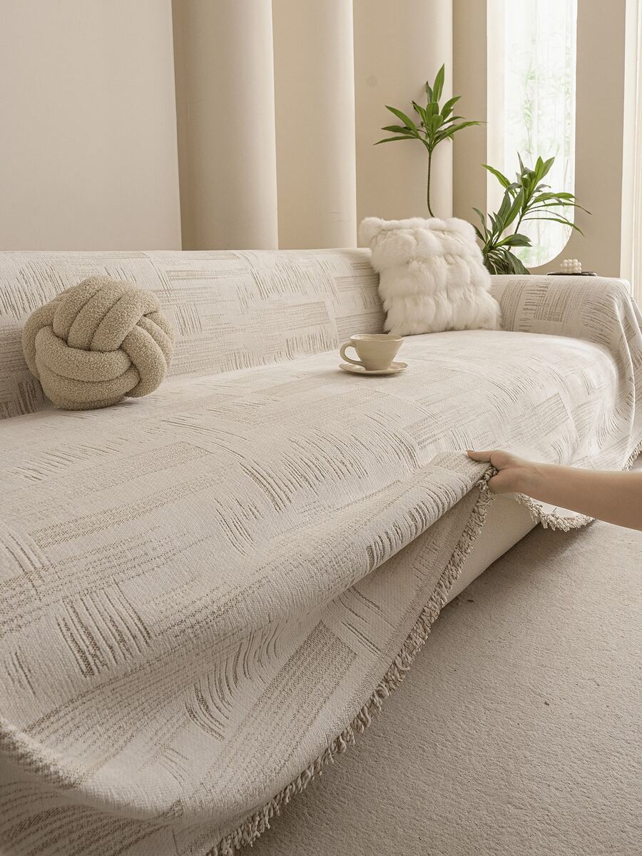 1pc Geometric Striped Texture Sofa Throw Blanket With Tassels, Soft Breathable Universal Sofa Cover, Durable Machine Washable Sofa Protector, Neutral Minimalist Style 1/2/3 Seater Sofa Blanket, Living Room Home Decor - Khaki - View 1