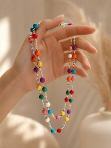 Vòng cổ dài hạt tròn nhiều màu cho nữ, hạt ngọc lam tổng hợp, phong cách boho nhiều lớp, trang sức tạo điểm nhấn (màu hạt ngọc lam giả/hạt gạo ngẫu nhiên) - Đầy màu sắc - Xem 3