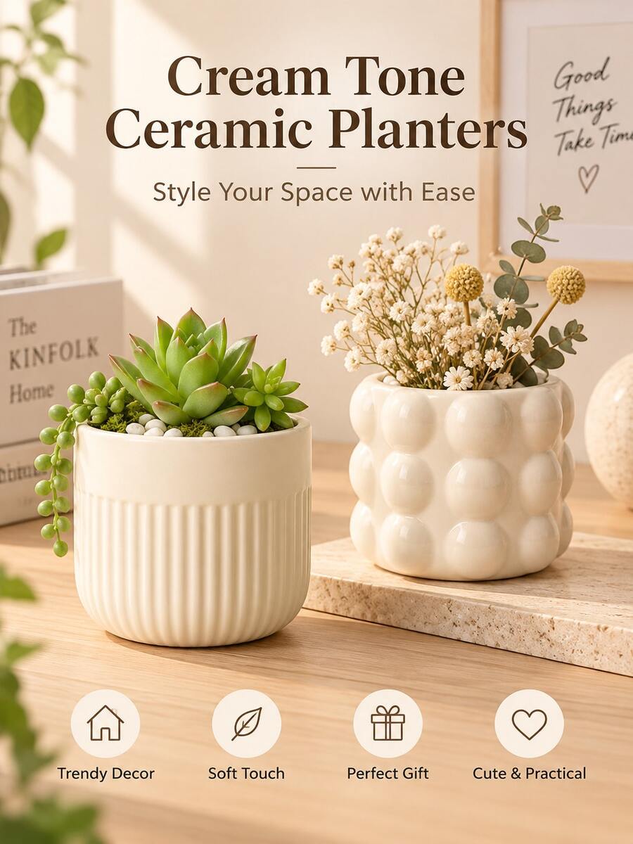 1pc INS Style Cream Ceramic Flower Pot, Modern Minimalist Decorative Vase, Fashionable Home Decor Ornament, Suitable For Desktop Indoor Room Decoration - Multiple Styles - View 1