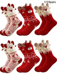 6 Pairs Women's Christmas Santa, Snowman, Reindeer Red Mid-Calf Socks, Suitable For Christmas Outfit - Multicolor - View 11