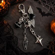1pc Dark Gothic Style Keychain Black Cat Heart Wings Coffin Pendant Charm Halloween Niche Cool Bag Accessory - Black - View 2