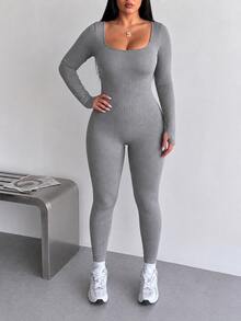 Rosiemei 1pc Plus Size Women Seamless Long Sleeve Corset, U-Neck With Finger Loop Cuffs,Tummy Control And Butt Lift - Grey - View 5