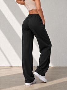 Pantalones deportivos pans pants dama mujer casuales pantalón wide leg pierna ancha estilo deportivo funcionales tela cómoda suave elástica ajuste holgado tiro alto cintura cordón largo - Negro - Ver 2