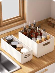 1Pc Collapsible Plastic Storage Bin With Dual Handle Cut‑Outs, Foldable Stackable Organizer Basket, Space‑Saving Storage Container For Kitchen Cabinet, Closet Drawer, Bathroom Countertop, Office Desk, Dorm Room, For Sundries, Snacks - View 5