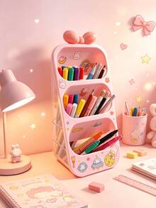 1pc Extra Large Capacity Pink Slanted Pen Holder (Free Stickers & Bows), Multi-Layer Desktop Stationery Organizer, Perfect For Dorm, Home Desk Storage, Holiday Gift - Pink - View 1