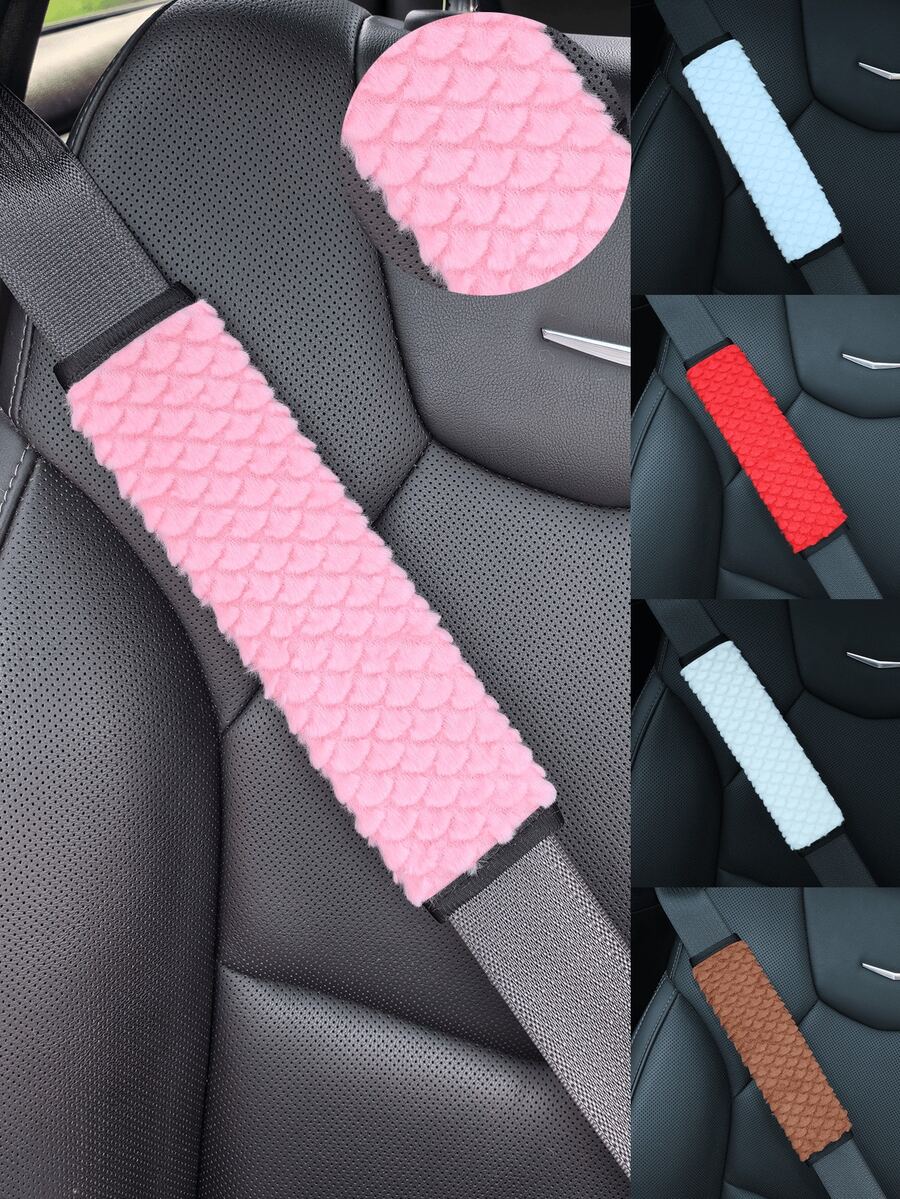 Fan Shaped Fish Scale Pattern Car Seat Belt Shoulder Protector, Plush Anti Pinch Neck Comfortable Interior Decoration Accessories In Various Colors. - Fan-shaped Fish Scale - View 1