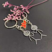 2Pcs Holiday Couple Match‑Stick Figure Keychain Set, Red Heart Alloy Bag Charm, Pendant For Backpack & Car Keys, Halloween Christmas Party Gift - Multicolor - View 5