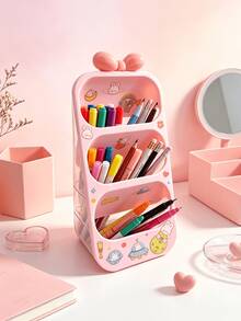 1pc Extra Large Capacity Pink Slanted Pen Holder (Free Stickers & Bows), Multi-Layer Desktop Stationery Organizer, Perfect For Dorm, Home Desk Storage, Holiday Gift - Pink - View 3