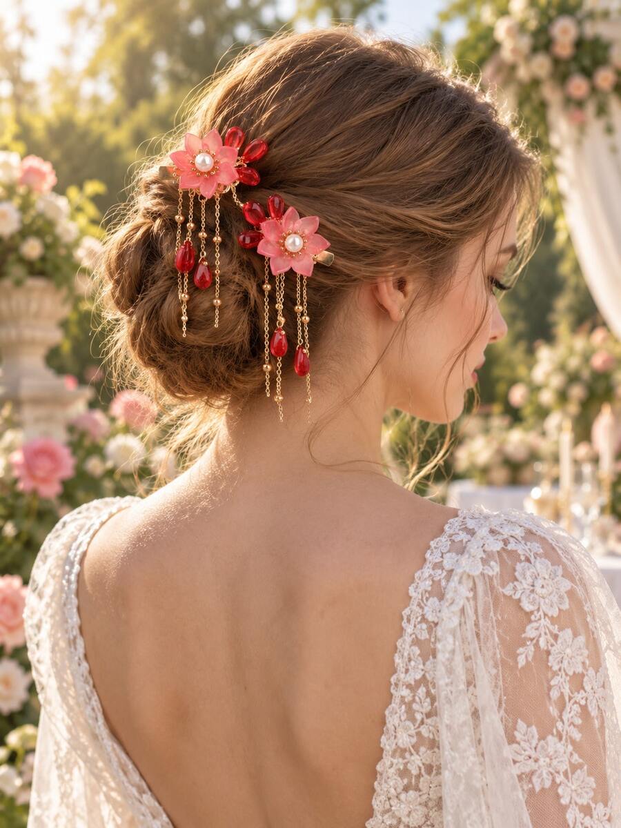 2pcs Hanfu Hair Clips With Pomegranate Flower And Tassel, Cute And Sweet Style, Gift For Women, Suitable For Daily Casual Outings And Matching - Red - View 1