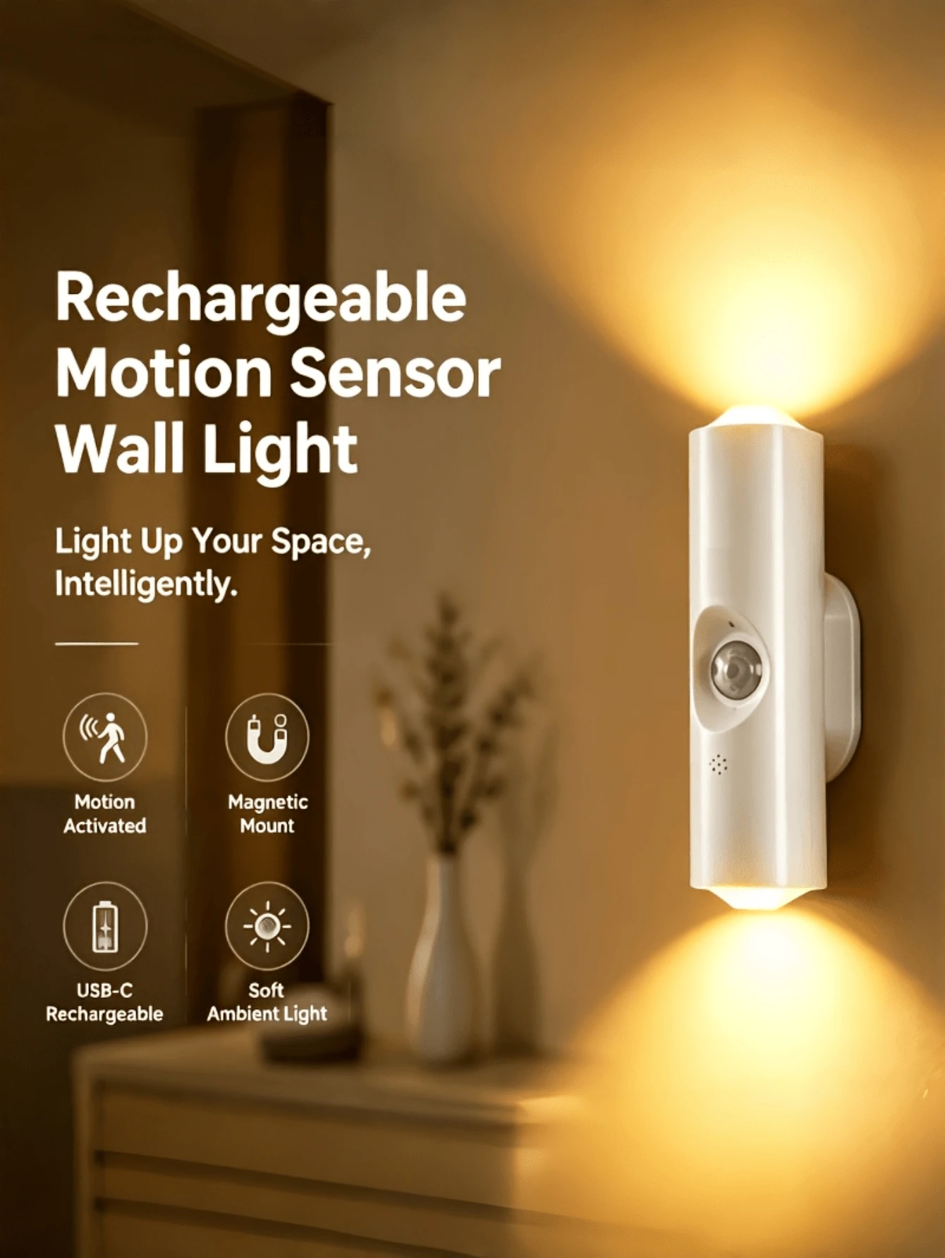 1pc USB Rechargeable ABS Motion Sensor Wall Light, Dual-Head Colorful Dimmable LED Light, Magnetic Adhesive Design, White Bedroom Hallway Staircase Entryway Home Decor Night Light Fixture