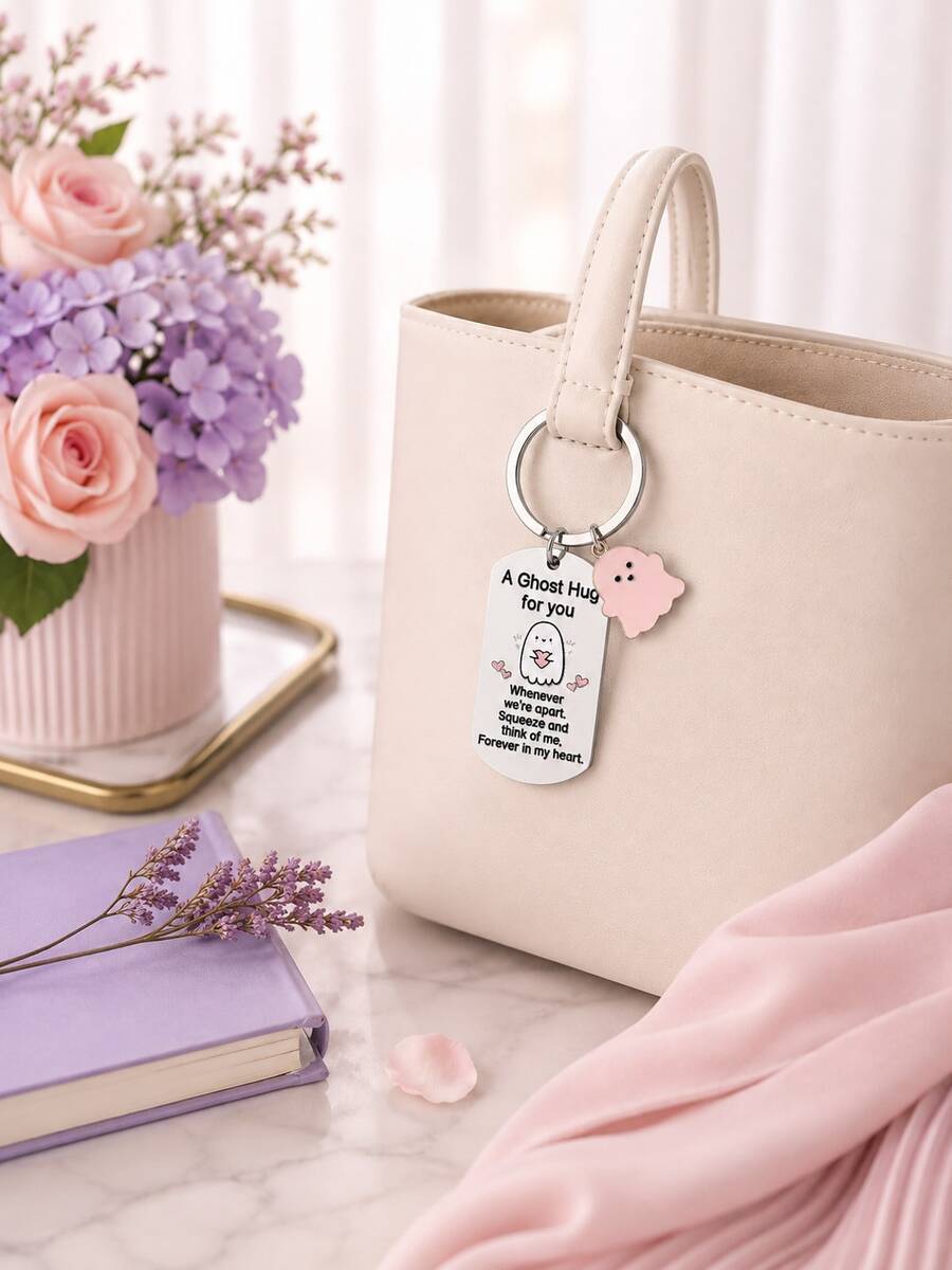 Cute Ghost Keychain, Pink Heart Message Metal Bag Charm For Purse & Backpack, A Ghost Hug Gift, Halloween Gift, Christmas Stocking Stuffer