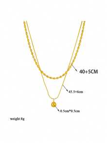 1pc Stainless Steel Double Layer Beaded Pendant Retro Style Necklace, Suitable For Daily Wear - Gold - View 5