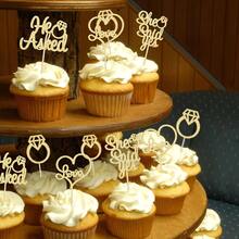 12/24pcs He Asked She Said Yes Cupcake Toppers Gold Glitter Diamond Ring Heart Love Cake Picks For Wedding Engagement Party Cake Decorations - Gold - View 3