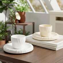 2pcs/1pc Cream White Wavy Embossed Ceramic Coffee Cup And Saucer Set, Minimalist French Style Ceramic Tea Cup Latte Cup, Home Tableware Gift - Multicolor - View 3