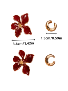 4pcs French Vintage Burgundy Floral Ear Clips, Asymmetrical Crescent Moon Non-Pierced Earrings, Autumn/Winter High-End Brightening Effect, Red Floral Studs And C-Shaped Polished Ear Clips, Vintage Minimalist Fashion Jewelry Set, Suitable For Daily Wear, Party, Gift Giving - Yellow Gold - View 5