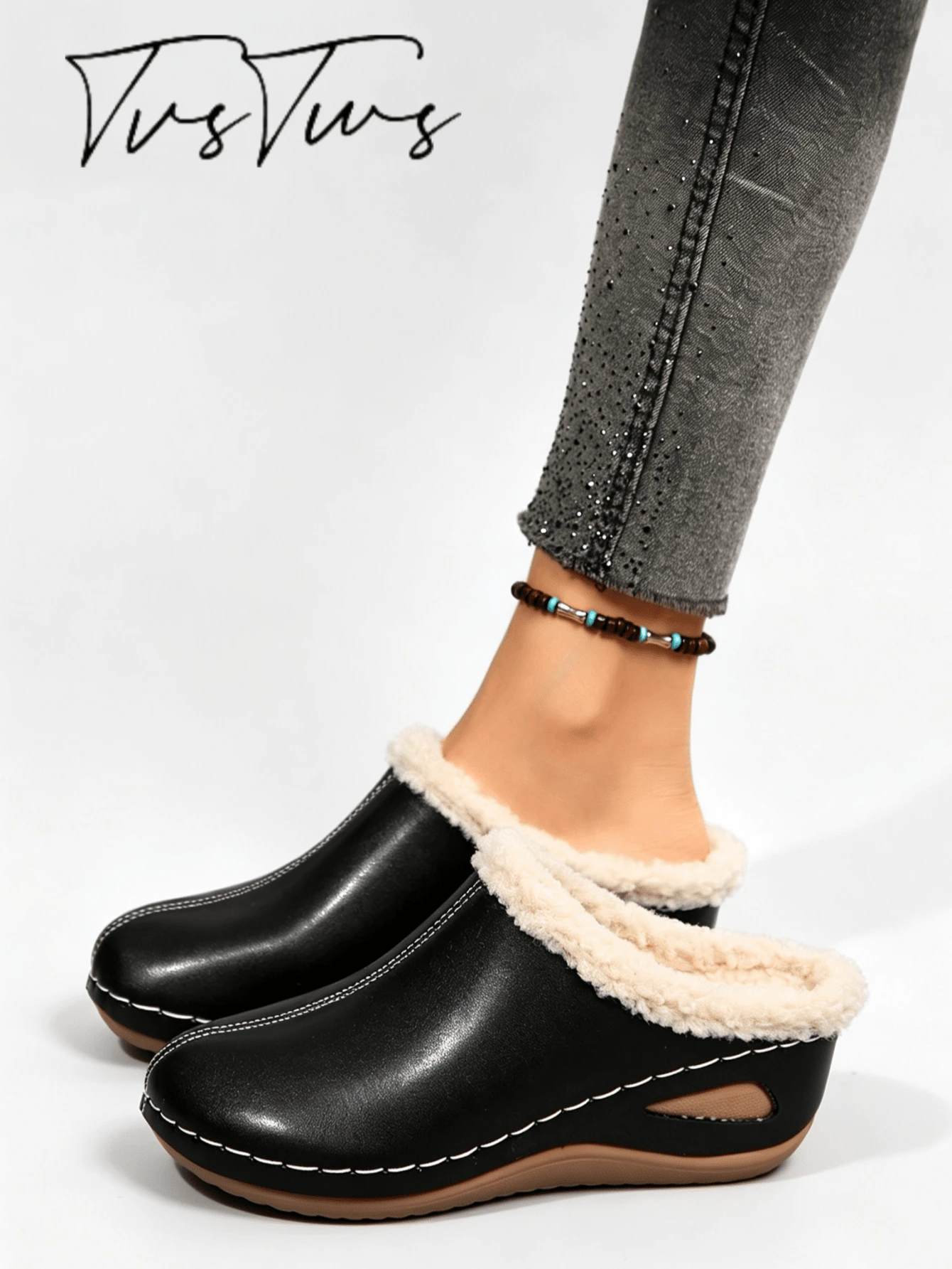 Women's New Autumn/Winter Fashion Plush Mule Slippers, Comfortable Soft Sole Indoor Home Fashion Slippers - Glossy Black - View 1