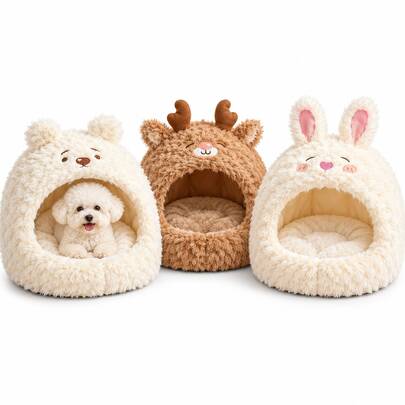 1 pezzo Letto tana per animali domestici con design carino a cartoni animati, nido per dormire semi-chiuso in peluche con bordo rialzato & cuscino morbido, design orso, cervo & coniglio per gatti e cani di piccola taglia, letto da riposo per animali domestici da interno