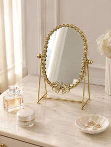 Vintage Light Luxury Gold Iron Tabletop Vanity Mirror With Bow & Floral Frame, Rotatable Freestanding Makeup Mirror For Bedroom, Dresser, Bathroom & Home Decor - Multicolor - View 8