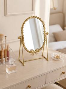 Vintage Luxury Gold Iron Desktop Vanity Mirror, Bow And Floral Frame, Rotatable Freestanding Makeup Mirror, Suitable For Bedroom, Vanity, Bathroom And Home Decor - Multicolor - View 3
