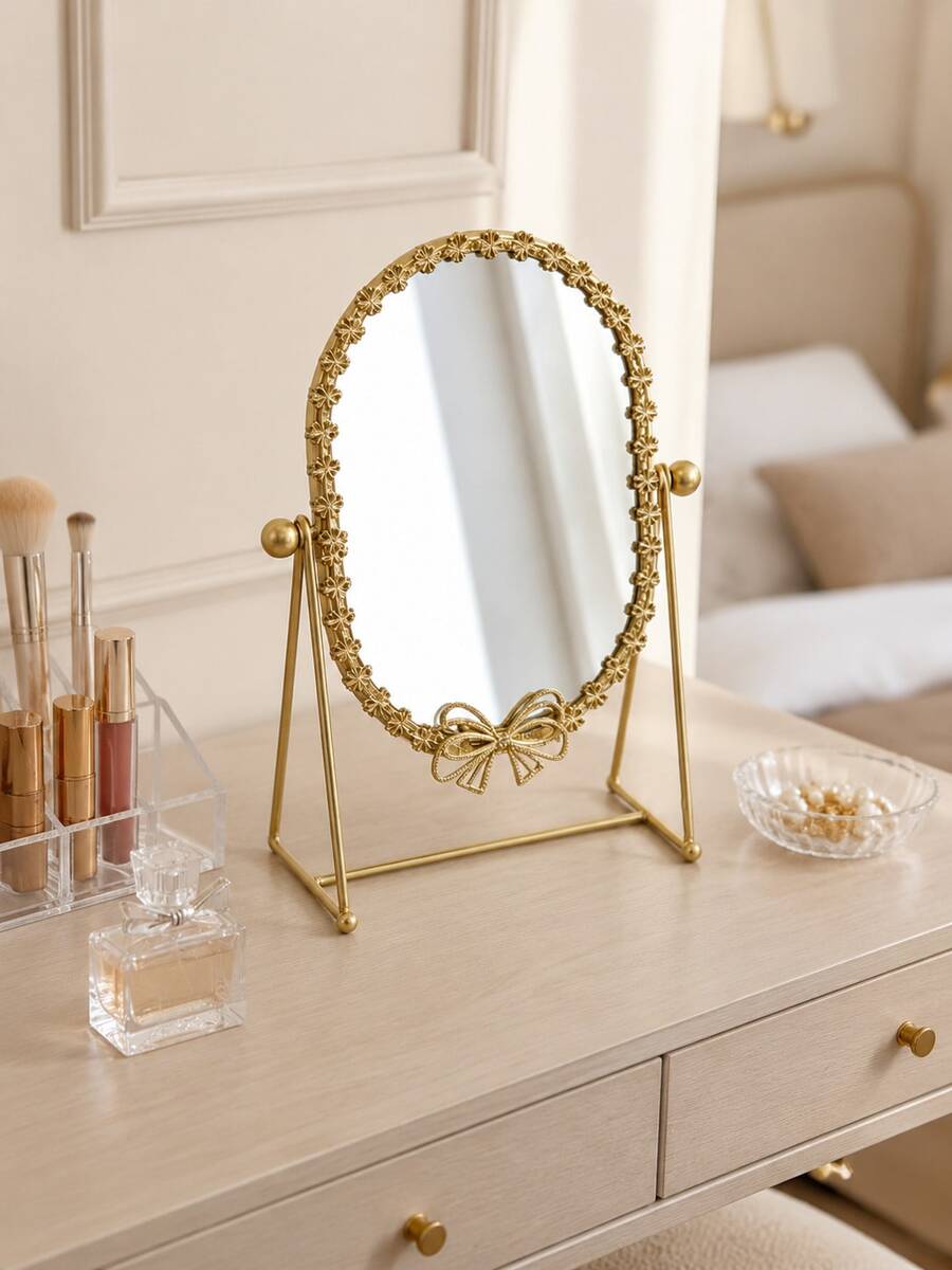 Vintage Luxury Gold Iron Desktop Vanity Mirror, Bow And Floral Frame, Rotatable Freestanding Makeup Mirror, Suitable For Bedroom, Vanity, Bathroom And Home Decor - Multicolor - View 1