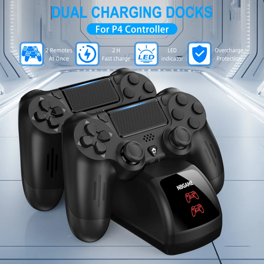 P4/Slim/Pro Dual Charging Station, 1.8H Fast Charge For 2, Red/Blue LED Light, Power Via P4/PC/Laptop/Adapter, 1:1 Sync & Charge, ABS Black - View 1