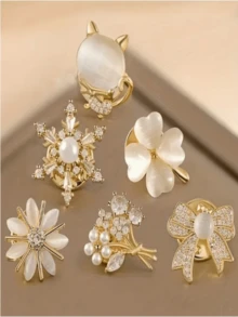6pcs Women's Anti-Slip Button - Lace Crystal Flower Bow Design, Gold Tone With Multicolor, Suitable For Wedding, Party And Daily Wear - Elegant Clothing Accessory - A - View 2