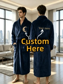 Customized Embroidered Name Unisex Plush Bathrobe Couple Flannel Pajamas Long Sleeve Men & Women Homewear Personalized Gift Holiday Party - Multicolor - View 2