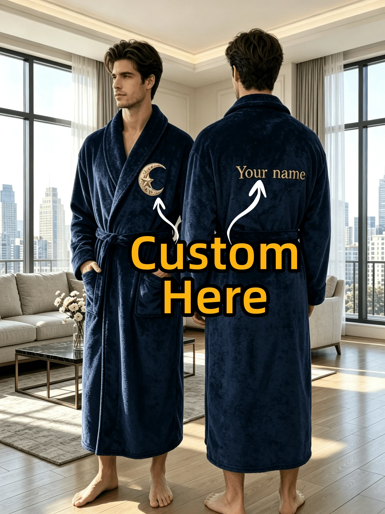 Customized Embroidered Name Unisex Plush Bathrobe Couple Flannel Pajamas Long Sleeve Men & Women Homewear Personalized Gift Holiday Party
