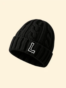 1pc Unisex Black Cuffed Cable Knit Beanie Hat With A‑Z 26 Alphabet , Soft Stretchy Warm Fall Winter Headwear, All‑Match Knitted Cap For City Commutes - Black - View 10