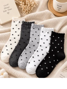 5 Pairs Mixed Polka Dot Mid-Calf Socks For Women, Cute Lace Trim Casual Socks, Soft Breathable Lightweight Knit Socks, Black, White, Grey Daily Socks For Women - Multicolor - View 4