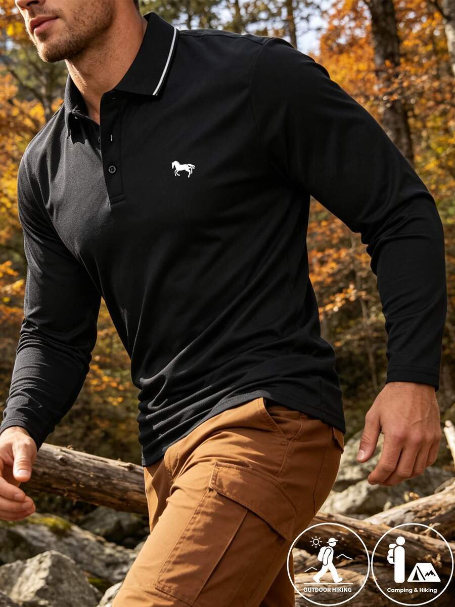 Men's Long Sleeve Polo Shirt With Buttons, Simple Print And Solid Color, Suitable For Gym, Running, Workout, Golf, Autumn/Winter Men's T-Shirt - Black - View 1