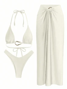 HOTTIE HABIT Set Bikini 3 Potong Wanita Warna Putih Polos Model Halter Segitiga, Rok Penutup Berpotongan Tinggi dengan Detail Kerut, Cocok untuk Liburan Musim Panas di Pantai dan Kolam Renang. - Putih - View 5