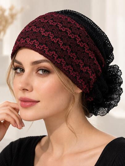 1pc Women's Floral Lace Headscarf, Elegant Dual-Color Elastic Hair Cover, Lightweight Breathable Daily Wear Head Wrap