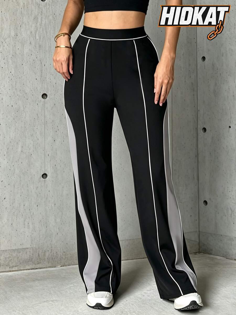 Hidkat Women's Fashion Solid Color Patchwork High Waist Elastic Yoga Casual Sports Knit Long Pants - Multicolor - View 1