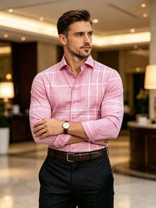 Men's Casual Dress Shirt With Plaid Pattern For Multiple Occasions, Dinner And Business - Essential Gift For Men - Baby Pink - View 4