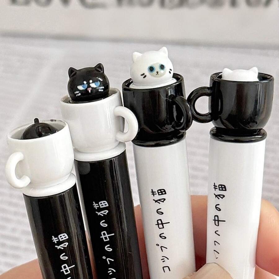 Neutral Cat Shape Creative Rotating Cup Ballpoint Pen, 0.5mm Quick-Drying Black Ink, Fun Stress Relief Rotating Refill, Silicone Pen Cap, Quick-Drying, 0.5mm Black Pen Suitable For Office, Back To School, Holiday Gifts - Mule Tea Cup Cat - View 1